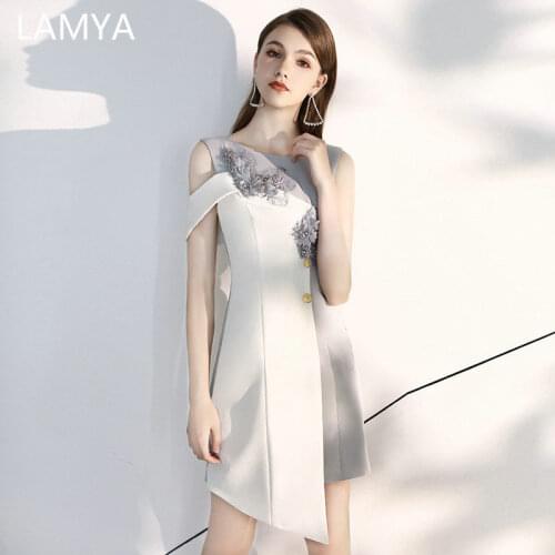 LAMYA Simple Asymmetrical Prom Dresses Elegant Satin Evening Party Dress Women O Neck Plus Size Gown Appliques Vestido De Festa