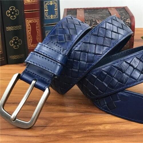 Braided Belt Leather Belt Men Luxury Blue Men Belt Wide Ceinture Homme Waist Belt Blue Long Belts For Men MBT0276B