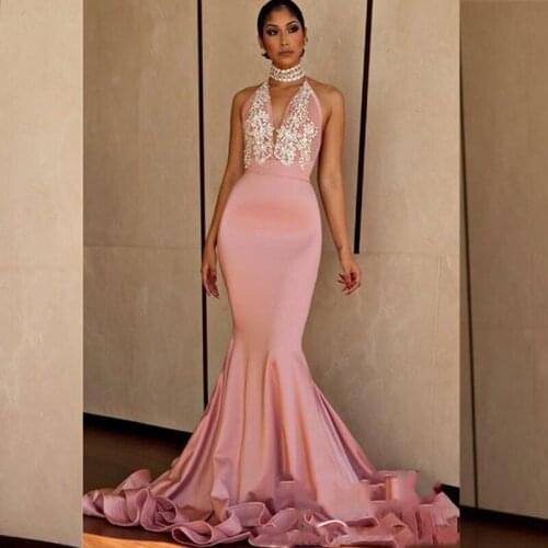 High Neck Mermaid Prom Dresses Pink Satin Appliques Backless Formal Prom Gowns Robe De Bal Prom Evening Dresses