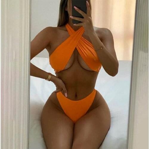 Sexy Solid Color Cross Halter Bikinis Set Women Swimwear Summer Two-piece High Waist Bathing Suit Female Brazilian Biquini