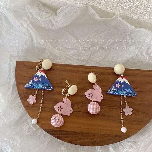 ZDMXJL Japanese Style Asymmetry Women Earrings Oriental Cherry Rabbit Long Eardrop Triangle Ball Earring For Girl Jewelry Gift