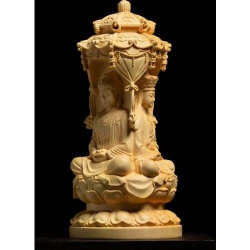 10/15CM Three Face Sakyamuni Sculpture Boxwood Carvings Buddha Statue Solid Wood Living Room Decoration Home Decor