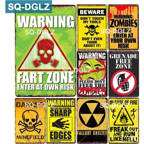 [SQ-DGLZ]BEWARE FART ZONE Metal Tin Sign WARNING ZOMBIES Plaque Paint DANGER Wall Decor Painting Plaques