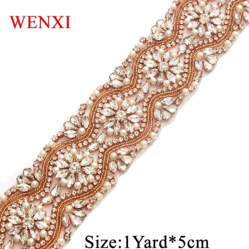 WENXI 10 YARDS Handmade Sewing Bridal Beads Rose Gold Clear Crystal Rhinestone Applique Trim Iron On Wedding Dress Sash WX812