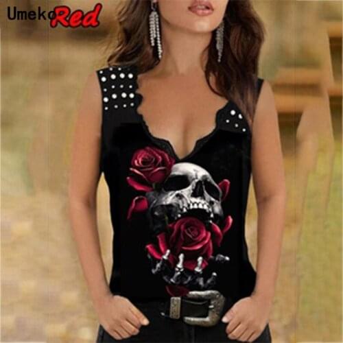 Umeko Vintage Oversized T Shirt Womens 2021 Summer Floral Multicolor Rose Print Splicing Vest Top Sleeveless Casual Blouse