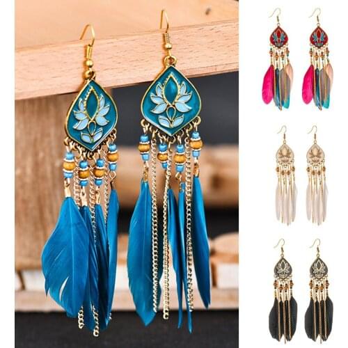Boho Women Rhombus Beaded Feather Tassel Long Dangle Earrings Party Jewelry