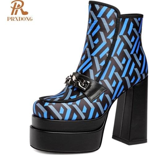 Sexy Womens High Heeled Thick Platform Ankle Boots with Metal Decoration Zipper Geomitric Shoes Motorcycle Party Big Size 43