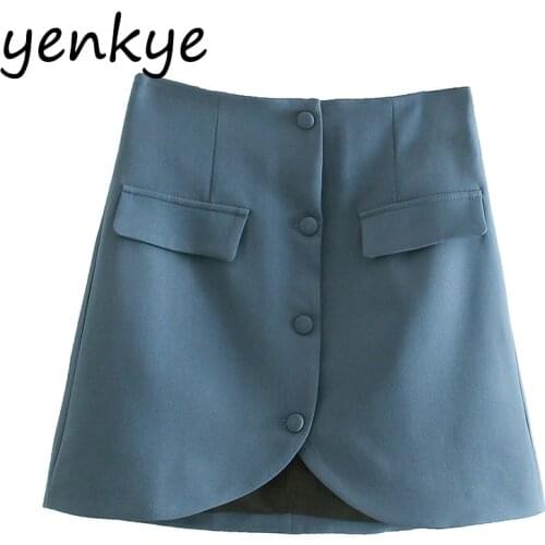 YENKYE 2021 Women Solid Buttons Office Elegant Suits Skirt Summer High Waist Mini Faldas Mujer