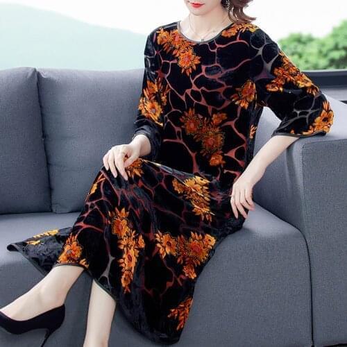 2021 Autumn Vintage Floral Gold Velvet Midi Dress Winter Casual Print 4XL Plus Size Dresses Women Elegant Bodycon Party Vestidos