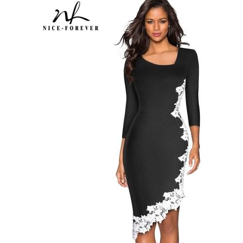 Nice-forever Autumn Women White Lace Patchwork with Unsymmetrical Hem Dresses Business Forml Party Bodycon Slim Dress B561