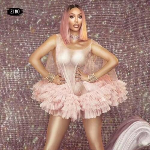 Sexy Dress pink Mesh see through Party club Dress Women sheer Costumes Nightclub birthday celebrity designer performance Stage