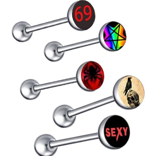 1-5pcs Fancy Words Pictures Logo Stainless Steel Straight Barbells Tongue Rings Bars Piercing Jewelry Tongue Piercing Barbell