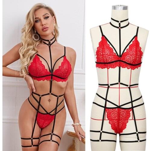 2021 Fashion Sexy Lingerie Sets Push Up Plus Size Bodysuit Women Lace V-neck Bra +thong +garter Underwear Porno Fashion Bra Set