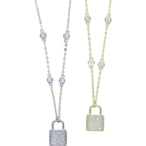 925 Sterling Silver Micro Pave Cubic Zirconia White CZ Sparking Bling Jewelry Padlock Shaped Charm CZ Station Chain Necklace