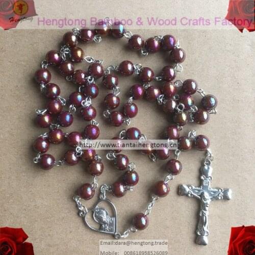 Free shipping pink and brown beautiful 8mm acrylic AB coated rosary religious rosario with Jesus christ crucifix