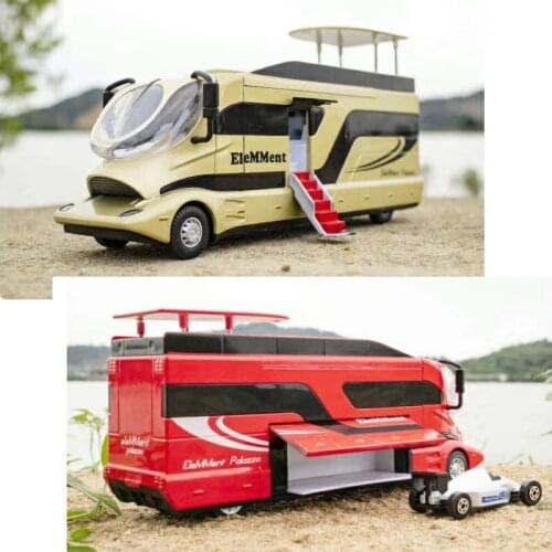 Big 2 In1 Upgrade Version Alloy BUS Caravan Nanny Caravan Recreational Vehicle Open Doors Stair Childrens Toys Race Car Model
