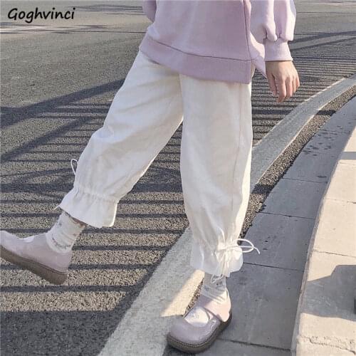 Casual Pants Women Wide Leg Loose Solid Sweet Girls Autumn All-match Japan Style Leisure Lace Up Tie-feet Chic Ulzzang Fashion