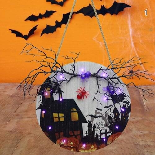 Halloween Theme Door Sign with Lights Creative Glowing Wooden Hanging Ornament for Home Garden Porch Decoration TS1