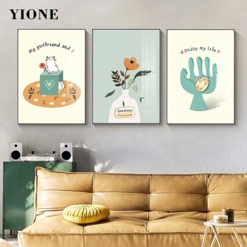 Nordic Wall Paintings Art Posters Couples Lovers Cat Plants Flower Bottle Vase Canvas Print Cartoon Picture Kids Room Decoration