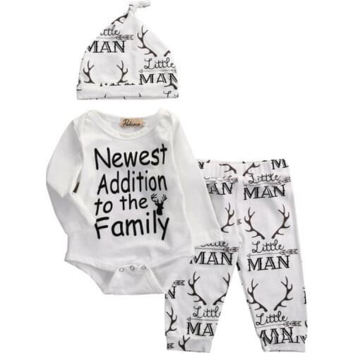 Toddler Infant Newborn Baby Boys Clothes Set Autumn White Long Sleeve Letter Bodysuit Top Pants Hat Xmas Outfits Clothing 3PCs