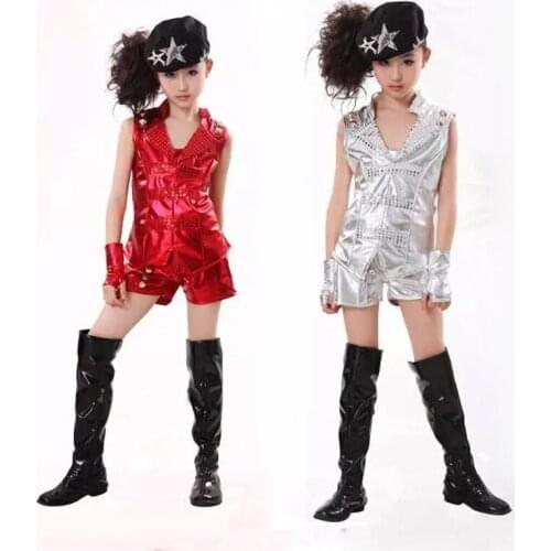 Red Silver Cool Children Girl Boy Performance Flashing Hip Hop Jazz Modern Dance Suit Costume Pants Gloves