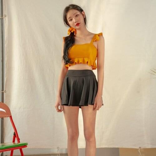 Ruffled Two Piece Swimsuit Women Solid Swimwear Tankini Push Up Swim Suit Korea Skirted High Waist Bathing Suit Padded Beachwear