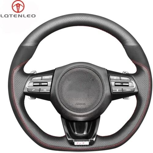 LQTENLEO Black Genuine Leather Suede Hand-stitched Comfortable Soft Car Steering Wheel Cover For Kia Stinger 2017 2018 2019 2020