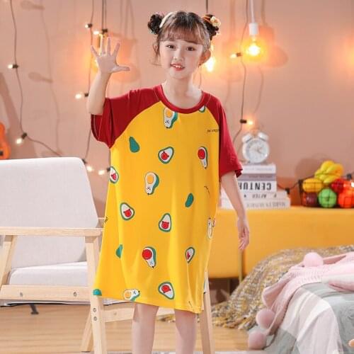 Cartoon Pajama Dress Summer Loose Girl Nightdress Raglan Sleeves Sweet Pijama Nightgowns Short Sleeve Children Sleepwear 3-12yrs