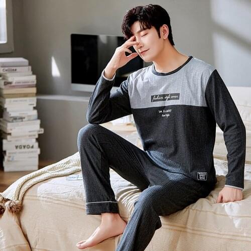 100% Cotton Men Pajama Sets Plus Size 3XL Causal Loose Long Sleeve Long Pants Letter Print Patchwork Lounge Set Male Pajamas