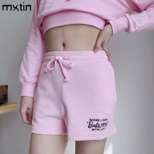 MXTIN 2021 Women Summer Vintage Embroidery Sweatpant Shorts Fashion Elastic Waist Drawstring Pockets Female Harajuku Short Mujer