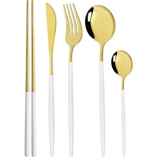 5Pcs White Gold Cutlery Set Stainless Steel Dinnerware Silverware Flatware Set Dinner Knife Fork Spoon Tablespoons Chopsticks