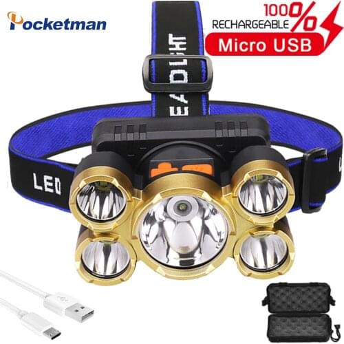50000Lm 5 Led Headlamp Long Range Headlight USB Rechargeable Head Lamp Torch Lanterna For Camping Fishing Built in 18650 Battery