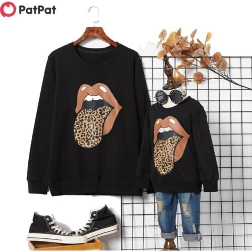 PatPat 2020 New Spring and Autumn Leopard Print Tongue Pattern Black Cotton Sweatshirts for Mom and Me