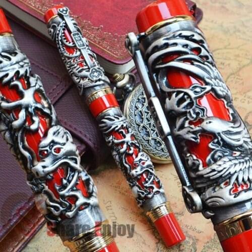 FOUNTAIN PEN JNHAO RED AND OLD GREY DRAGON AND PHOENIX 18KGP MEDIUM NIB