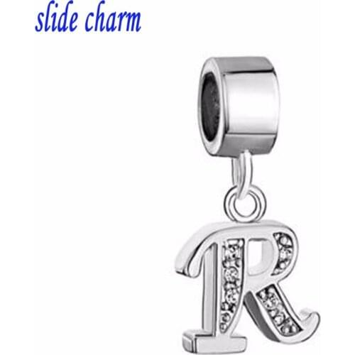 Slide charm Free shipping R letters white crystal pendant gene perfect lucky talisman charm beads fit Pandora bracelet