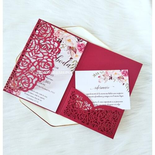 Burgundy Flower Print Wedding Invitation With Information Card And Envelope DIY Greeting Cards For Announcement Party