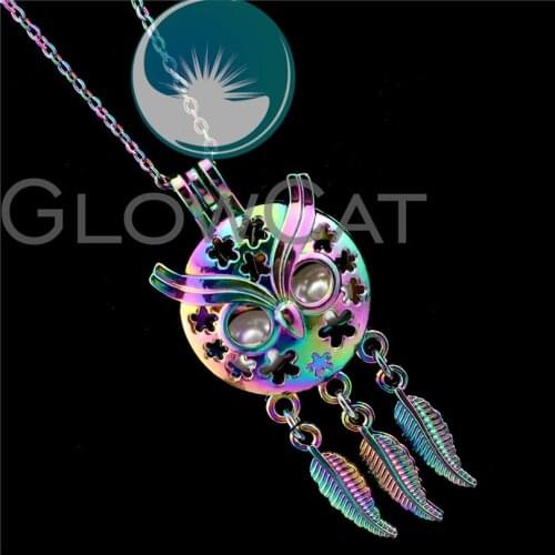 R-C718 Rainbow Color Owl Flower Dreamcatcher Beads Cage Pendant Perfume Diffuser Aromatherapy Pearl Cage Locket Necklace