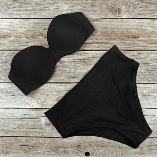 Sexy Strapless Womens High Waist Bikini Set Solid Push Up Ladies Split 2Pcs Swimsuit Padded Swimwear Summer Bathing Suit