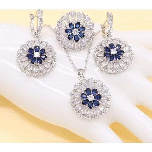 Silver Flower shape Jewelry Sets For Women Blue Semi-precious Earrings Rings Necklace Pendant Bridal Wedding Jewelry