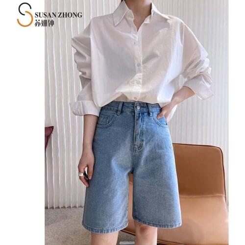 Women Summer Shorts Female Denim Bermudas Short Jeans Blue Zipper Fly Pockets Casual Cozy Normcore Street Wear Knee Length Y2K