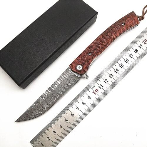 Free Wolf FW06 Damascus Blade Wood Handle Outdoor Hunting Camping Knife Ball Bearing Flipper Utility Pocket EDC Folding Knife