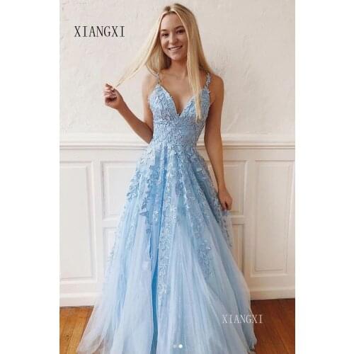 Light Blue Prom Dresses 2020 A Line V Neck Open Back Lace Tulle Floor Length Long Prom Gowns Elegant Evening Party Dress