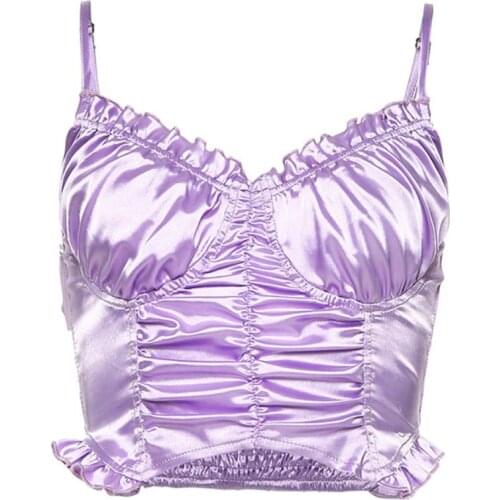 Women Spaghetti Strap Shiny Crop Top Pleated Ruffles Sexy Off Shoulder Cami Vest Y1QD