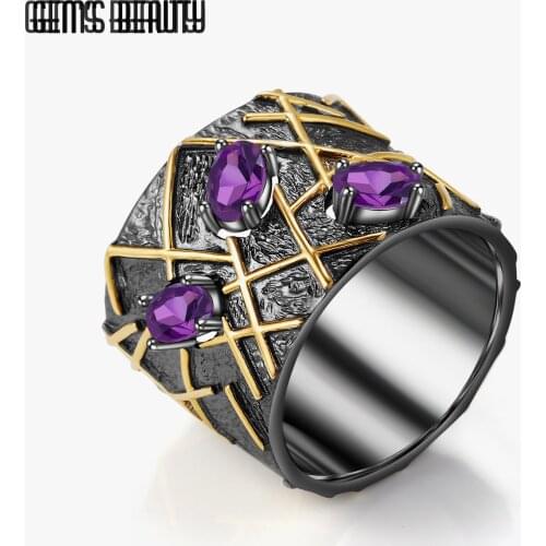 GEMS BEAUTY 925 Sterling Silver 18K Gold Filled Ring For Women Unique Three-Stone with Natural Amethyst Handmade Ring