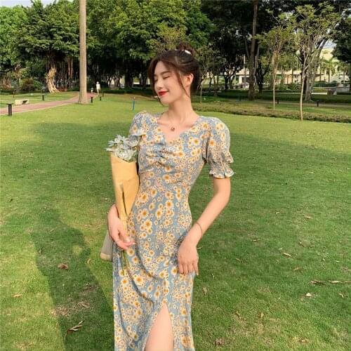 Little Daisy Floral Dress Women 2021 Summer French Gentle Temperament Sundress Female Thin Waist Platycodon Long Vestidos Ladies