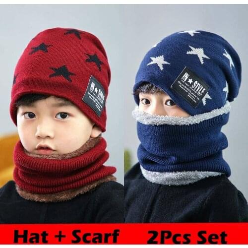 2Pcs Set Children Winter Warm Knitted Hat Caps With Scarves Of Thickened Wool For 6 to 10 Years Old Boys Windproof Outdoor Hat