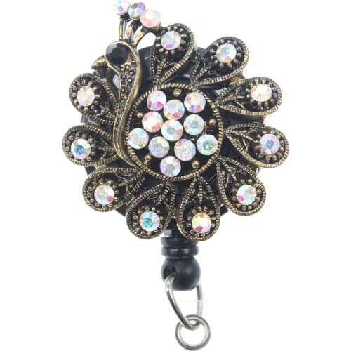 100pcs/lot Bling Rhinestone Animal Peacock Shape Nurse Retractable Badge Reel Holder with Clip
