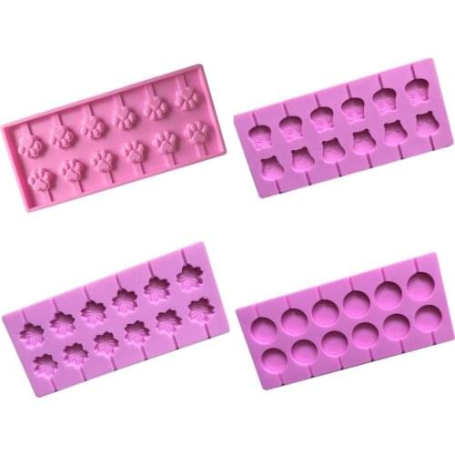 12 Even Silicone Lollipop Mold with 20pcs Plastic Sticks Cherry Blossoms Cat Claw Bear Chocolate Mold Candy Bar Fondant Molds