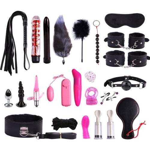 23pcs Sexy Nylon Bdsm Kit Adult Plush Bondage Suit Handcuffs Nipple Clip Whip Metal Butt Plug Vibrator Exotic Training Equipment