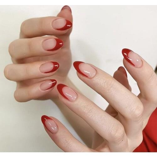 24pcs/Box Detachable Red Almond False Nails Wearable French Fake Nails Full Cover Nail Tips Press On Nails